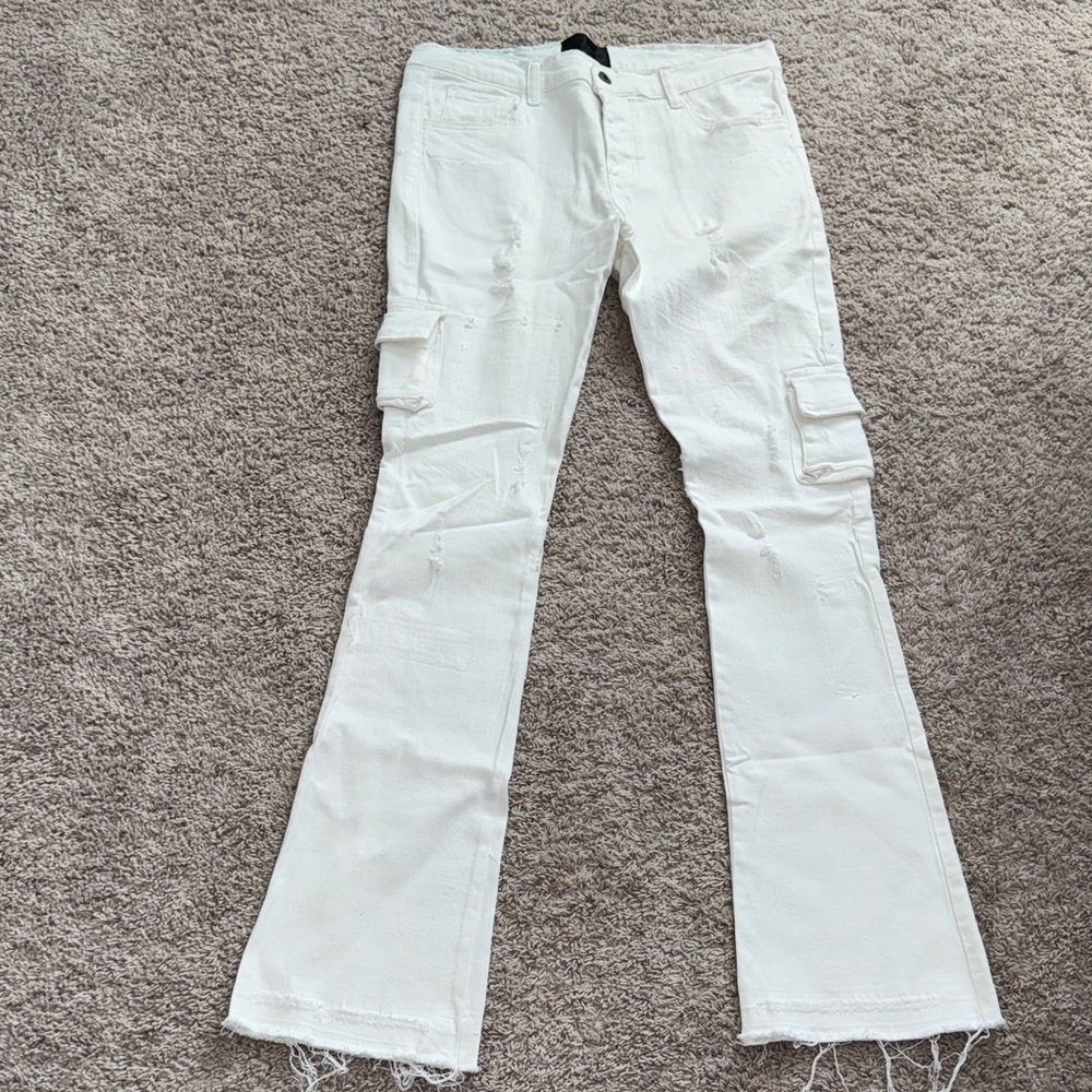 White Distressed Cargo Flare Jeans
